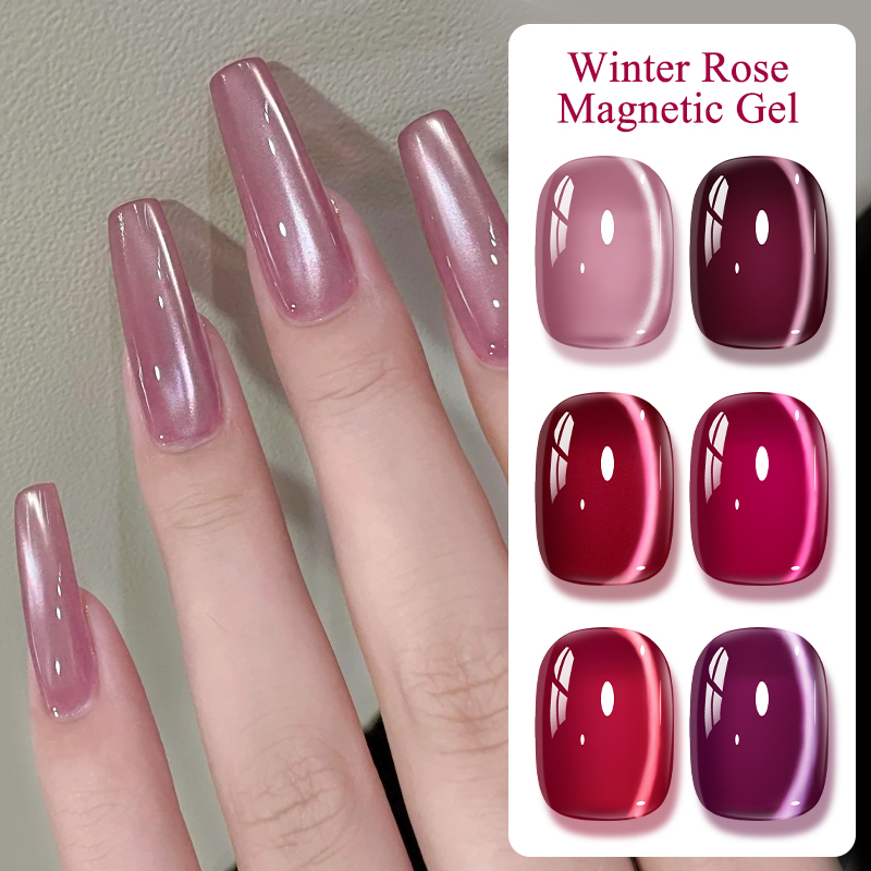 Resin Art Rose - ยาทาเล็บเจลแม่เหล็กสีชมพูวินเทอร์โรส ประดับด้วยลูกปัดแก้ว แม่เหล็กกึ่งถาวร ล้างออกได้ด้วยน้ำยาล้างเล็บเจล ยูวี เจลวานิช