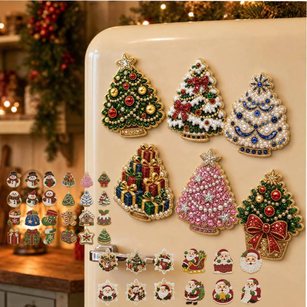 Resin Art Work - ชุดแม่เหล็กติดตู้เย็นภาพวาดเพชรลายต้นคริสต์มาส 6 ชิ้น สำหรับตกแต่งบ้านในช่วงเทศกาล