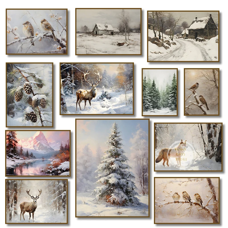 Resin Art Wallpaper - ภาพวาดลายเพชรลายวิวฤดูหนาวแบบเรโทร รูปกวาง นก สุนัขจิ้งจอก ภูเขา หิมะ