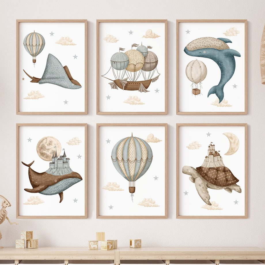 Resin Art Baby - ภาพวาดวาดรูปวาฬ เต่า ปราสาท บอลลูน สไตล์นอร์ดิก สำหรับตกแต่งผนังห้องเด็ก