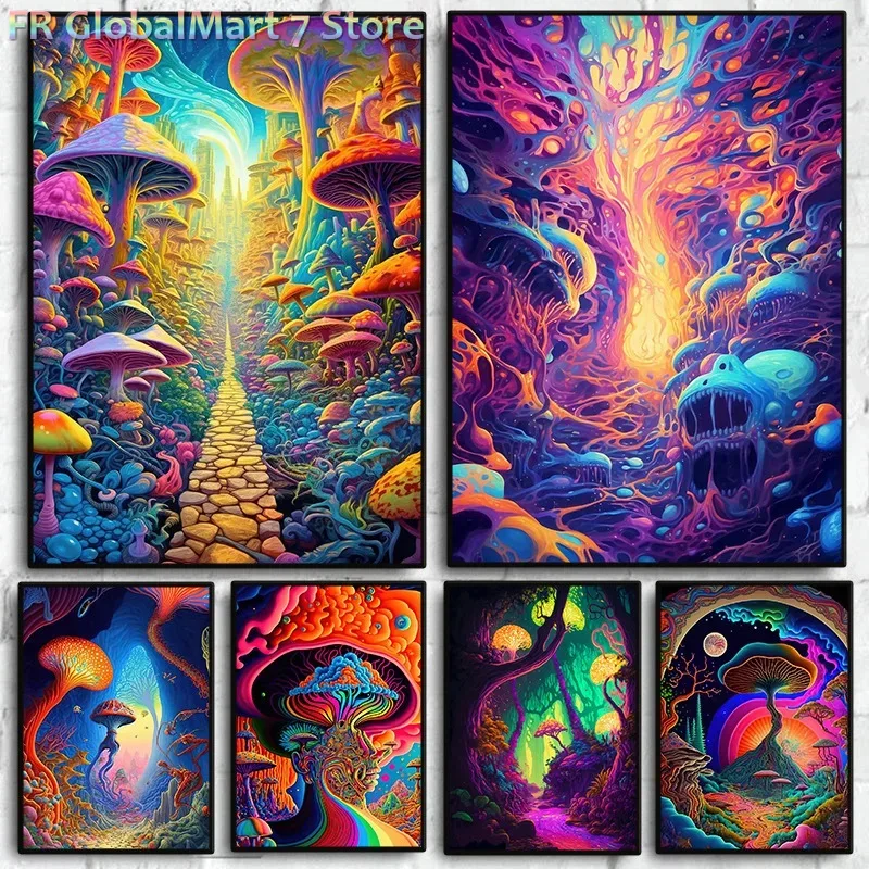 Resin Art Wallpaper - ภาพเพชรไร้กรอบ โลกเห็ดแฟนตาซีนามธรรม ภาพติดผนังเพชรลายธรรมชาติไซเคเดลิกสีสันสดใส